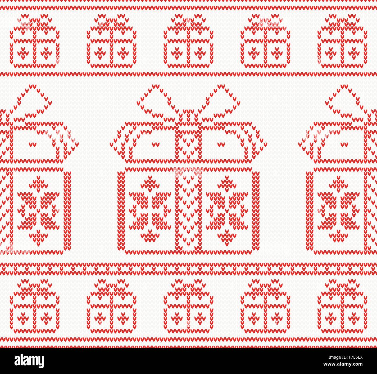 Strickmuster mit Geschenk-Boxen. Vektor-Illustration. Nahtlose Muster in roter Farbe. Weihnachten Urlaub Konzept für Papier, Stoff Stock Vektor
