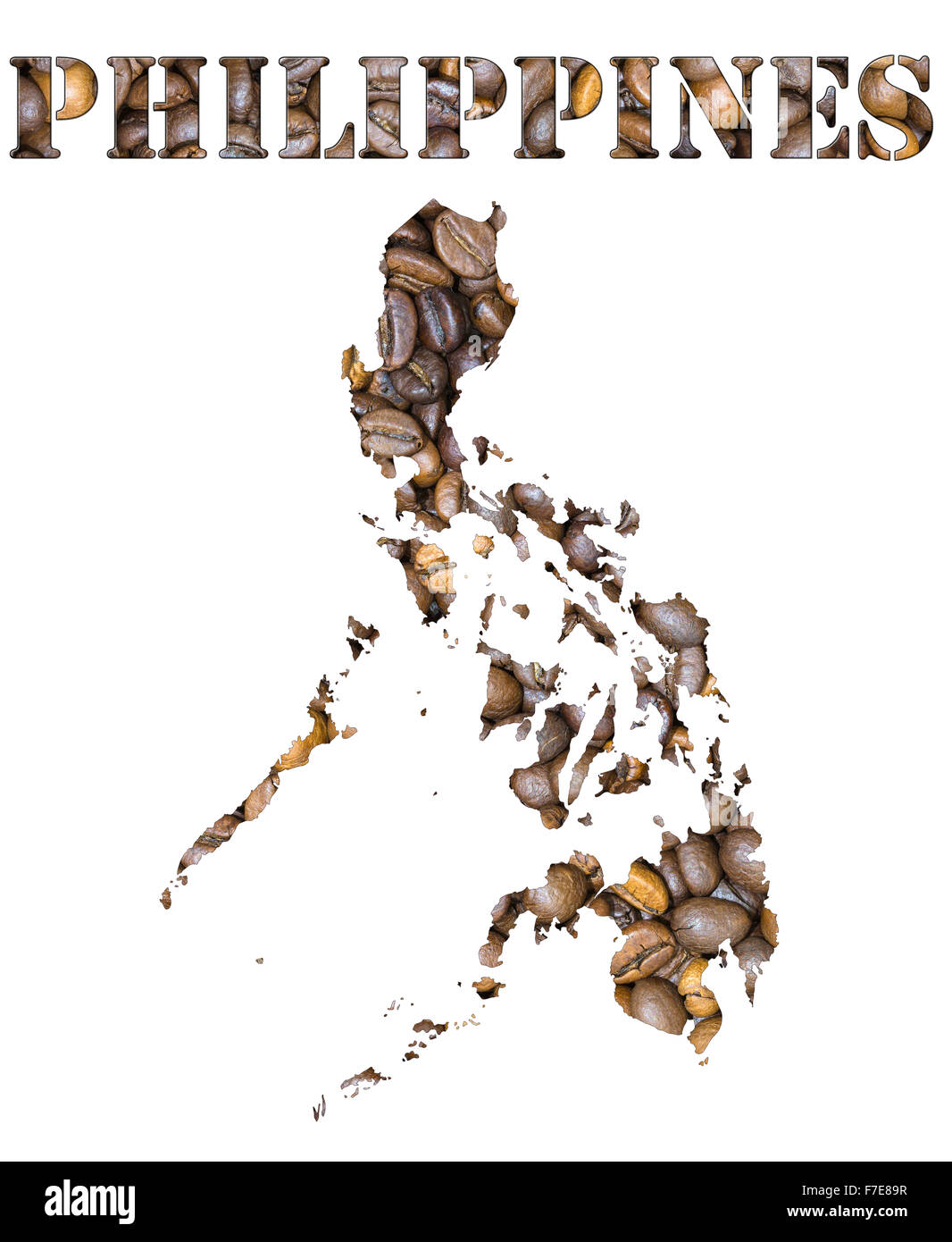 Gerösteten braunen Kaffeebohnen Hintergrund mit dem Shape of the Philippines Wort und dem Land Landkarte Umriss. Bild iso Stockfoto