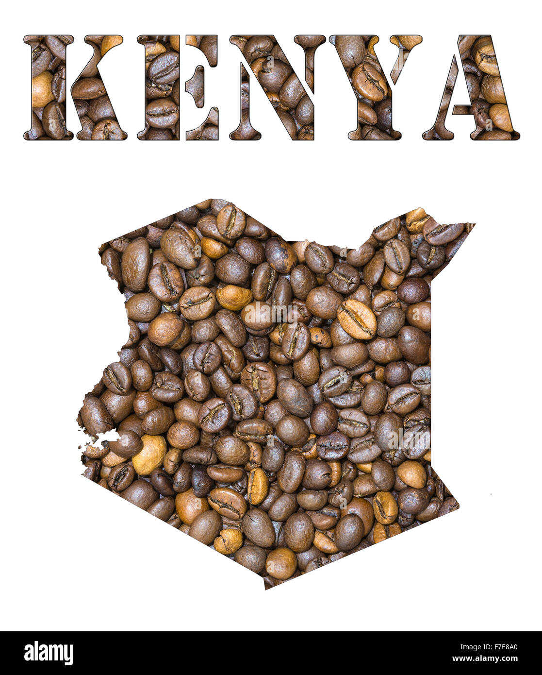 Gerösteten braunen Kaffeebohnen Hintergrund mit der Form des Wort-Kenia und dem Land Landkarte Umriss. Bild isoliert Stockfoto