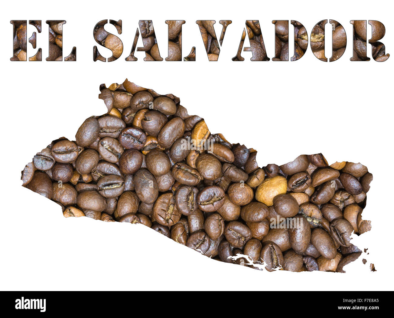 Braunen Kaffeebohnen Hintergrund mit der Form des Wortes El Salvador und der Land Landkarte Umriss. Bild iso Stockfoto