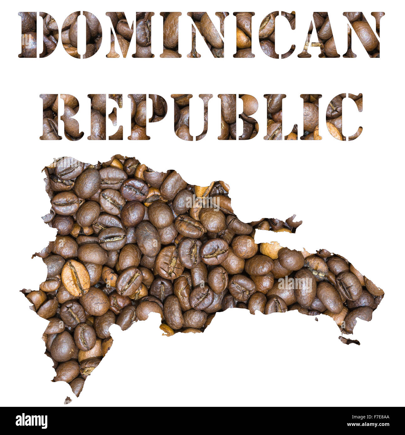 Braunen Kaffeebohnen Hintergrund mit der Form des Wort Dominikanische Republik und dem Land Landkarte Umriss. Im Stockfoto