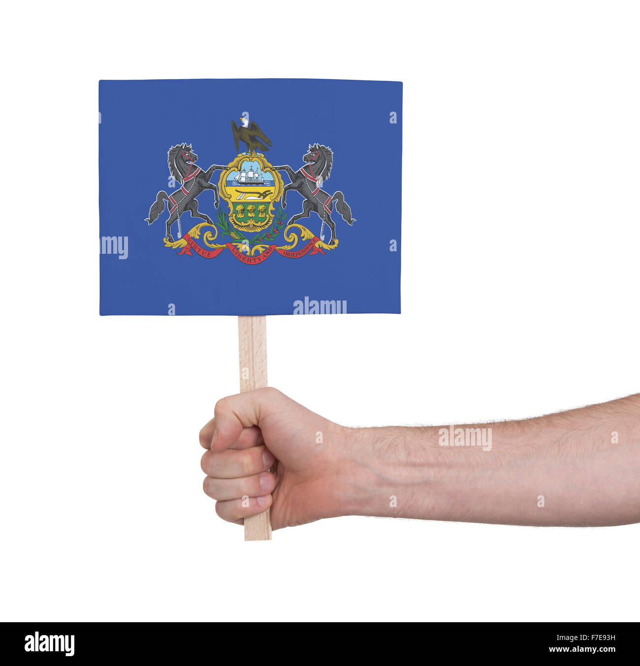 Hand, die kleine Karte, isoliert auf weiss - Flag of Pennsylvania Stockfoto