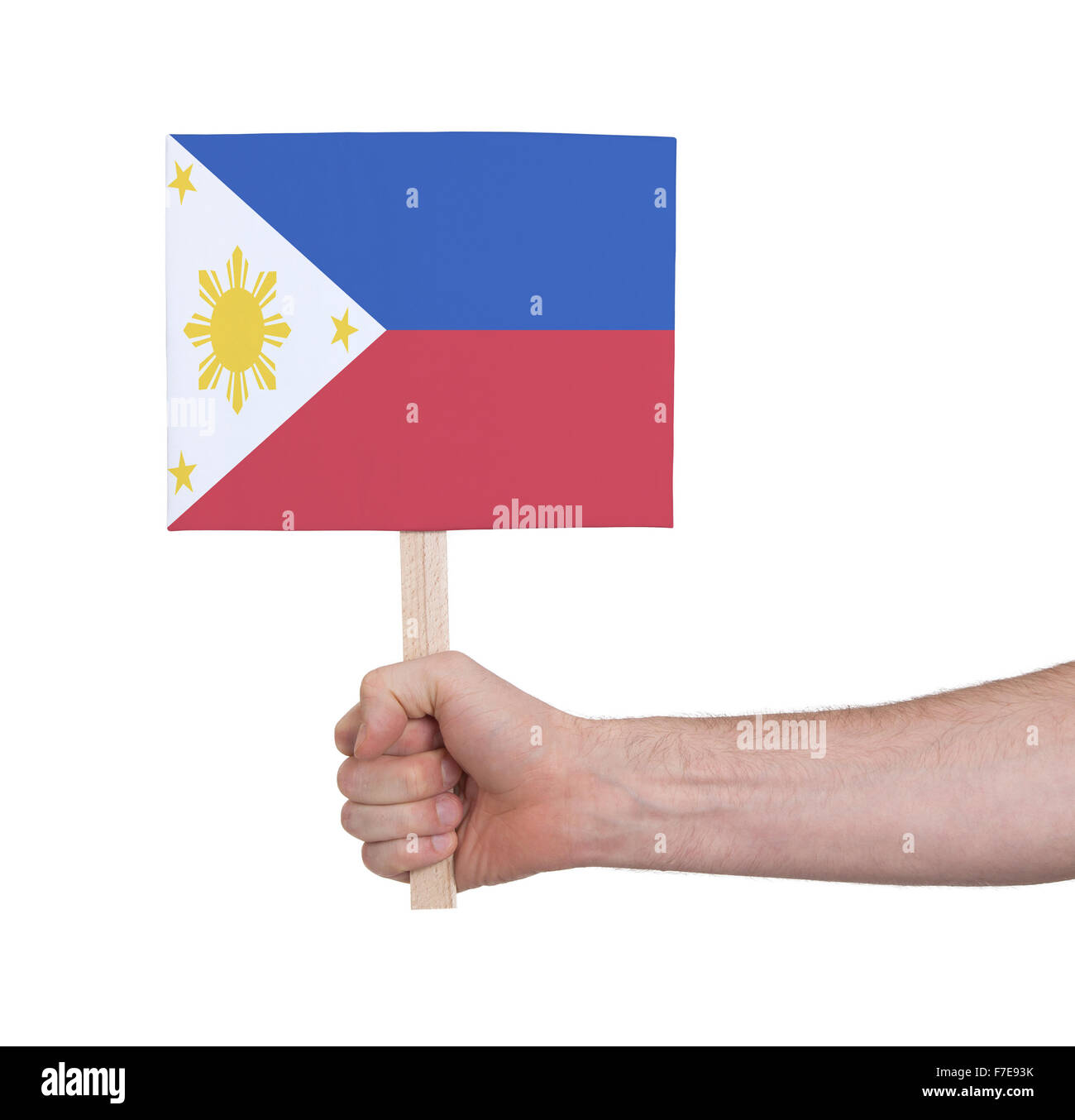 Hand, die kleine Karte, isoliert auf weiss - Flagge der Philippinen Stockfoto