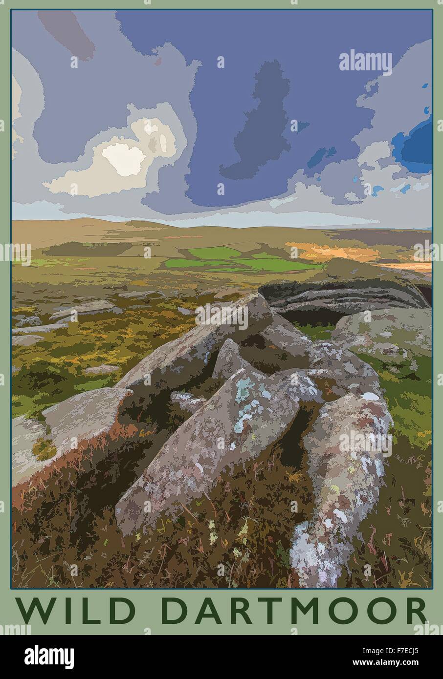 Ein Plakat Stil Illustration aus einem Foto des Belstone Common, Dartmoor, Belstone in der Nähe von Oakhampton, Devon, England, UK Stockfoto