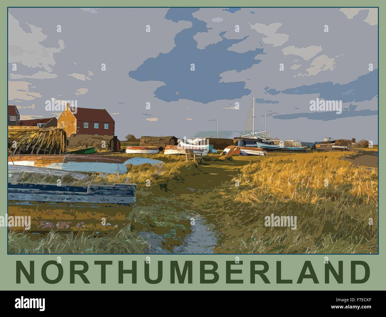 Ein Plakat Stil Illustration aus einem Foto von Lindisfarne Bay bei Sonnenuntergang, Northumberland, England, UK Stockfoto