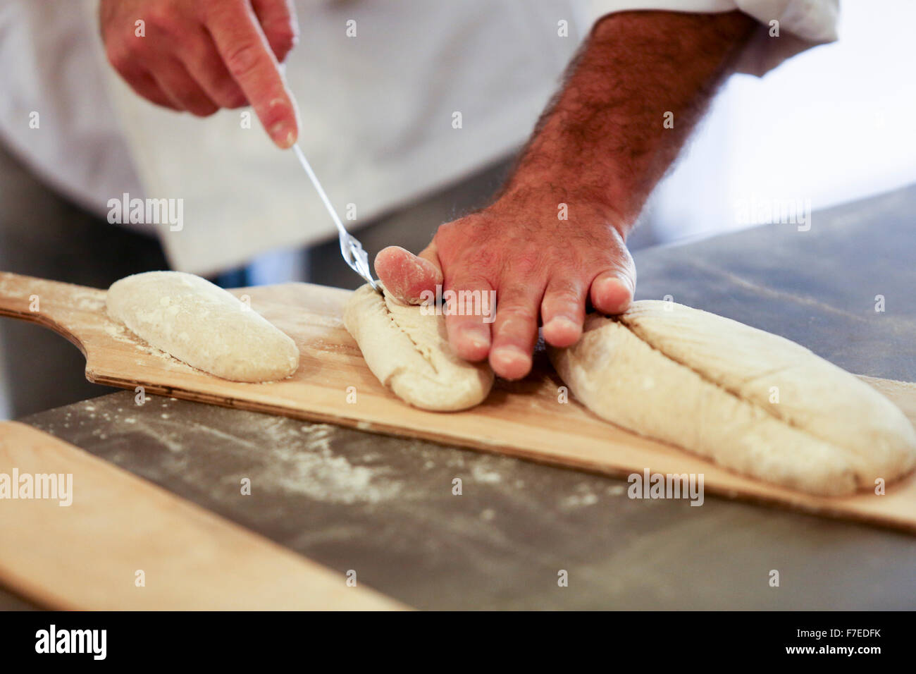 Die geformten Laibe sind berechtigt, vor dem Backen, fotografiert in einer Boutique-Bäckerei Sauerteig Stockfoto
