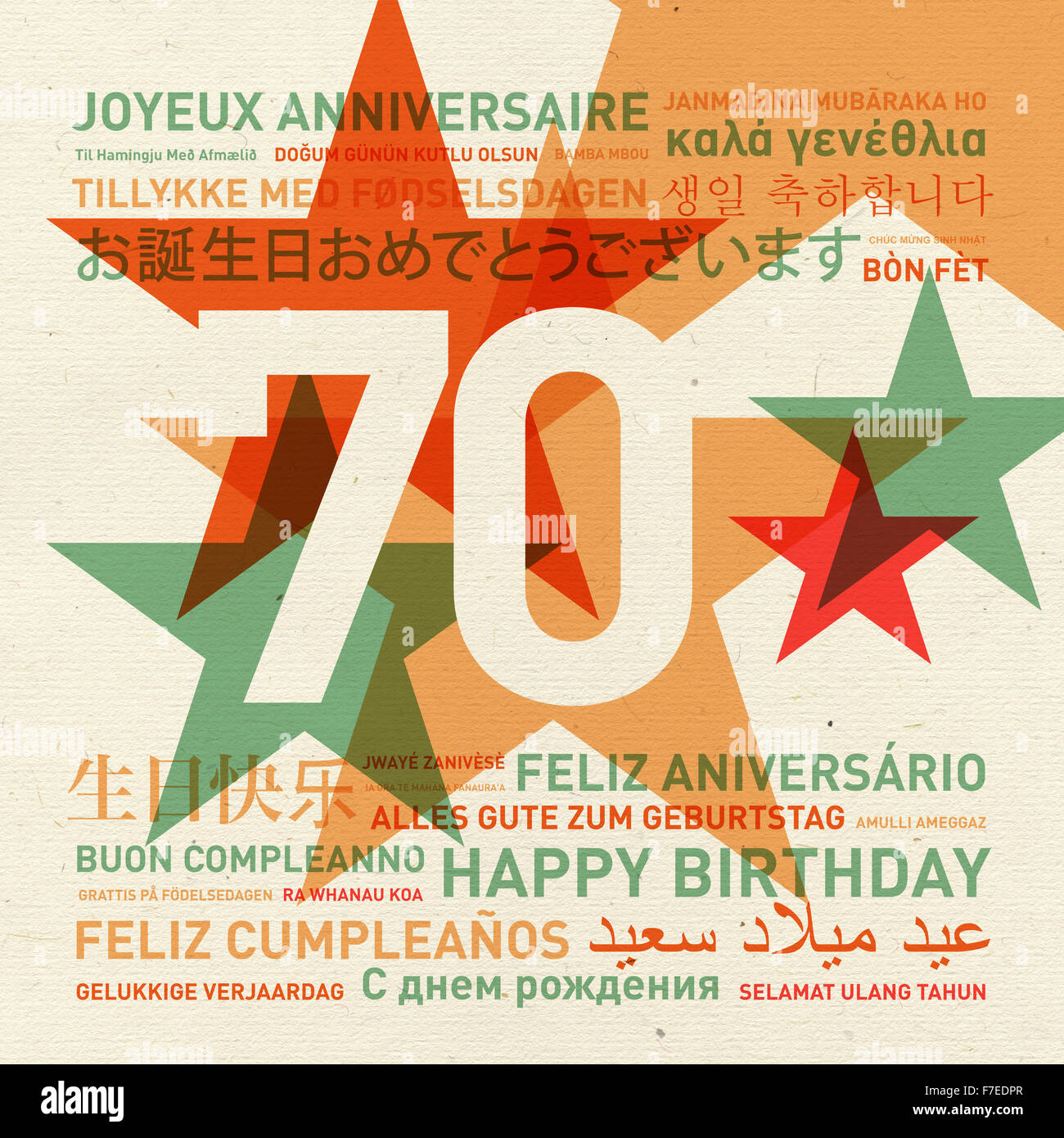 70. Geburtstag happy Birthday aus der ganzen Welt. Verschiedenen Sprachen Feier Karte Stockfoto