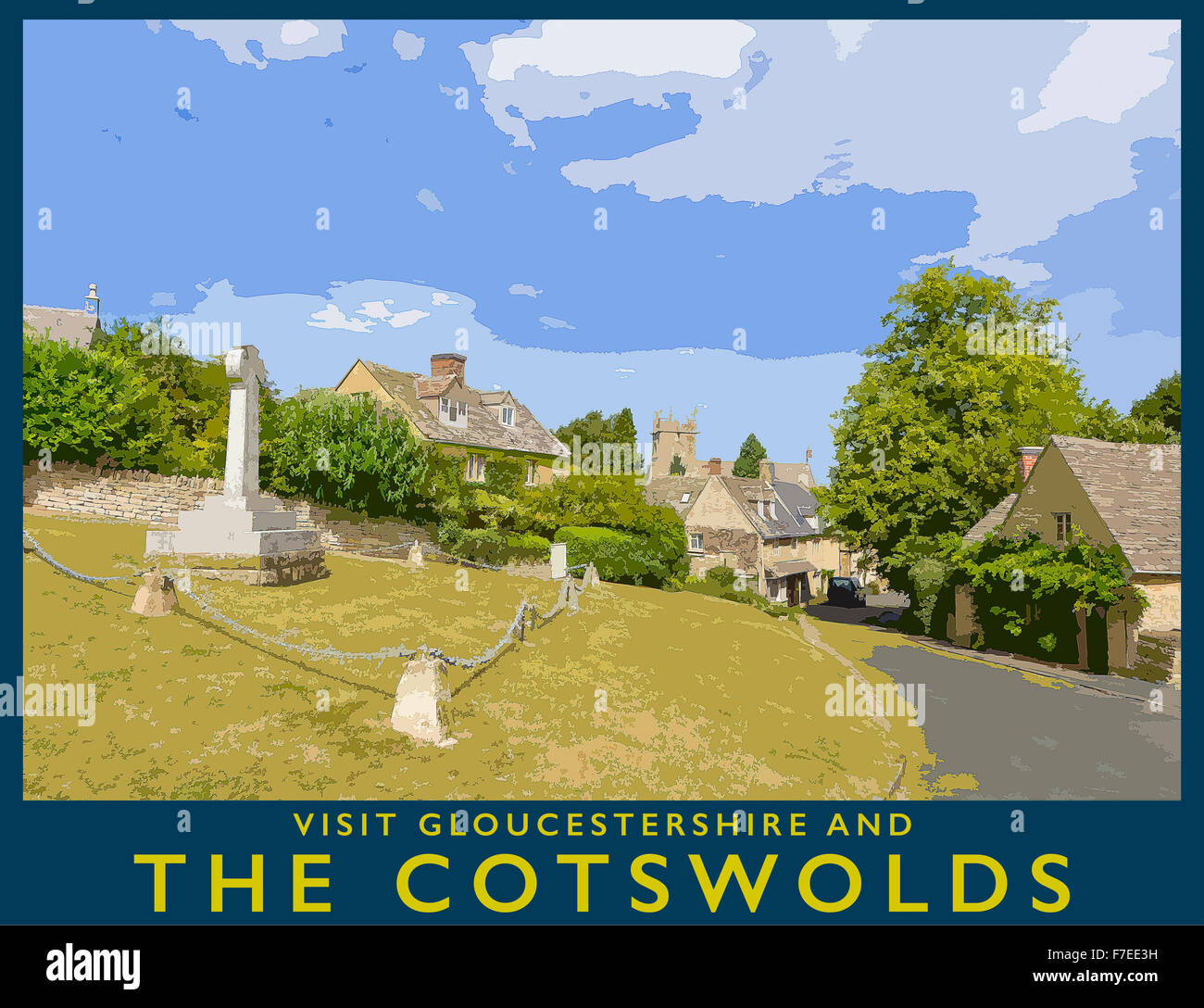 Ein Plakat Stil Illustration aus einem Foto von Cotswold Dorf Longborough, Gloucestershire, England, UK Stockfoto