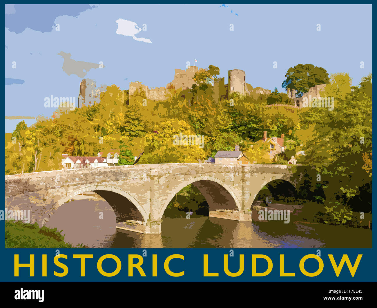 Ein Plakat Stil Illustration aus einem Foto von Ludlow Castle und Dinham Brücke im Herbst von Whitecliff, Shropshire, England Stockfoto