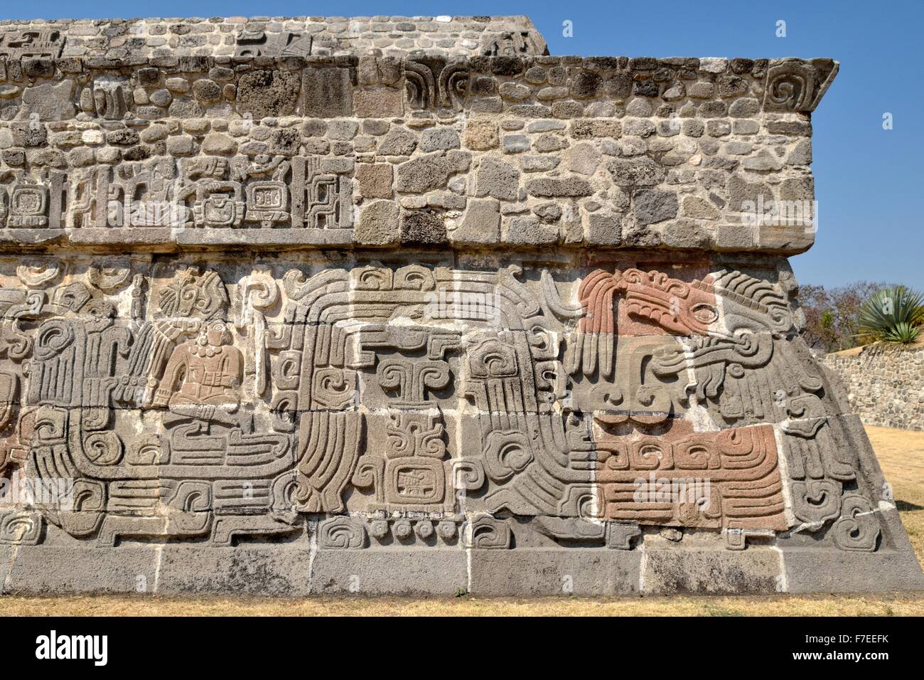 Pyramide der gefiederten Schlangen, Details, Ruinen von Xochicalco, Cuernavaca, Morelos, Mexiko Stockfoto