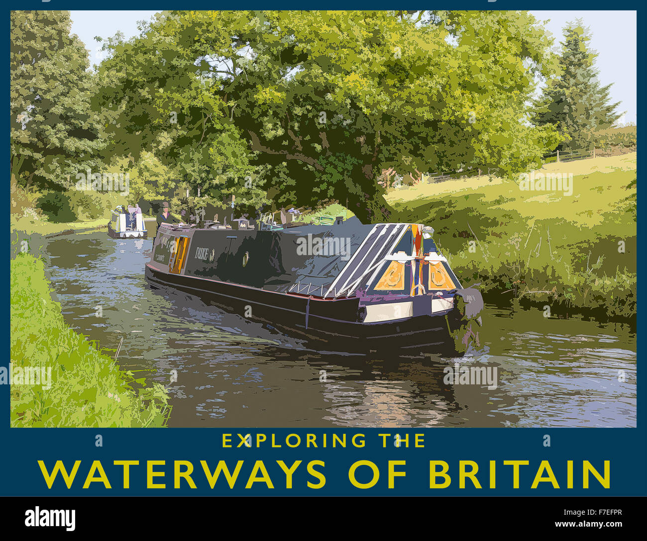 Ein Plakat Stil Abbildung aus einem Foto von Narrowboat auf den Mitarbeiter & Worcester-Kanal in der Nähe von Kinver, Staffordshire, England, Stockfoto