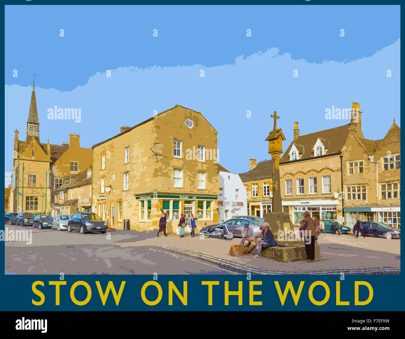 Ein Plakat Stil Illustration aus einem Foto von Stow-on-the-Wold Marktplatz, die Cotswolds, Gloucestershire, England, UK Stockfoto