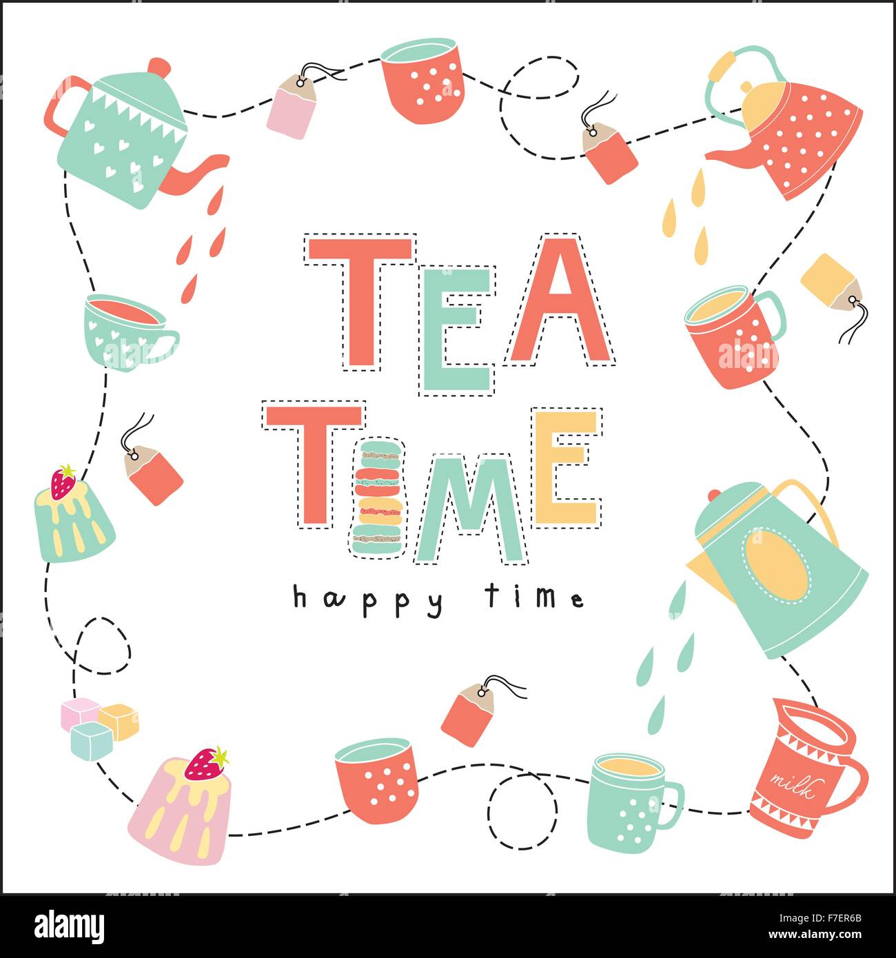 Tea-Time glückliche Zeit doodle Abbildung Pastellfarben Vektor auf weißem Hintergrund Teekanne, Teetasse, Teebeutel, Kuchen Stock Vektor