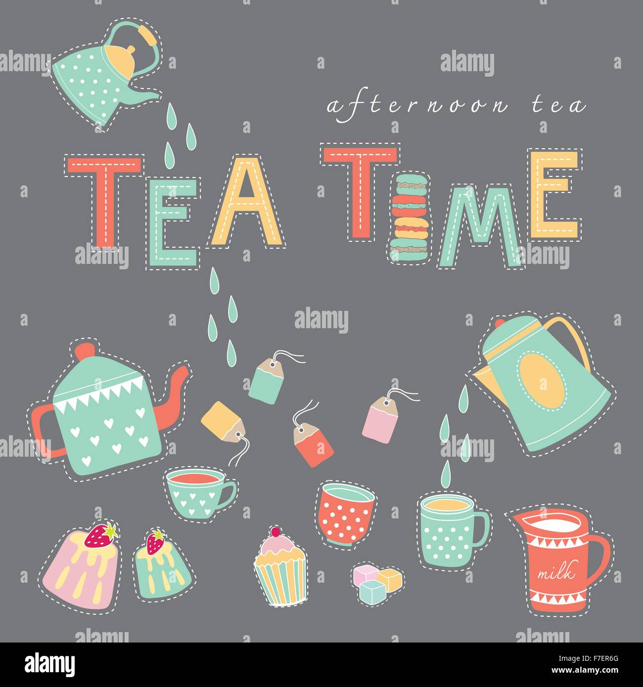 Tee Zeit Nachmittagstee doodle Abbildung Pastellfarben Vektor auf dunklen grauen Hintergrund Teekanne, Teetasse, Teebeutel, Kuchen Stock Vektor