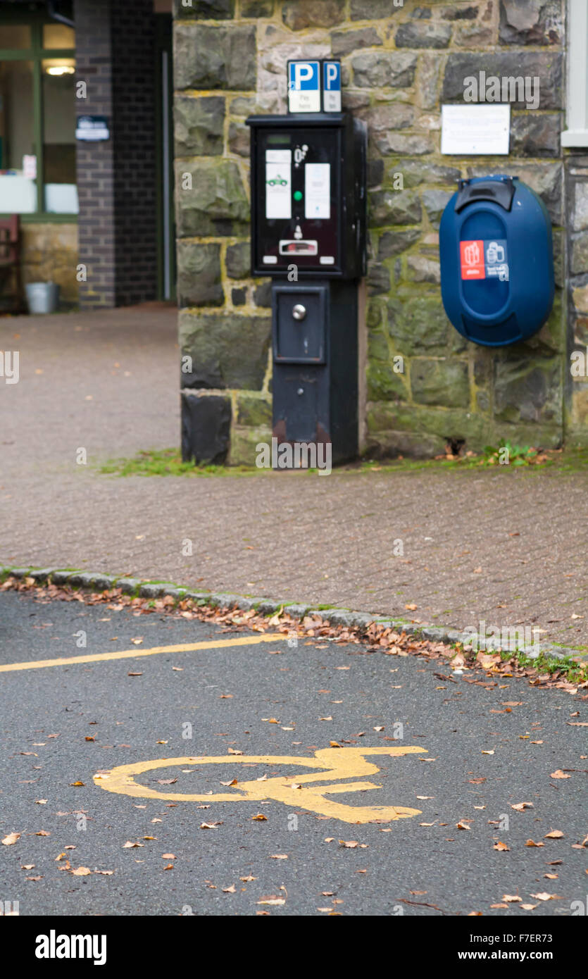 Behindertenparkplätze und Parkuhr, Parkuhr, im Elan Visitor Centre in Elan Valley, Powys, Mid Wales UK im November Stockfoto