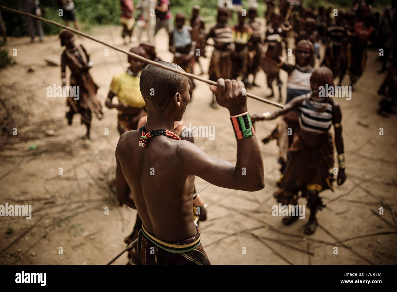 Springen des Bullen Zeremonie, Hamar Stamm, Turmi Omo-Tal, Äthiopien Stockfoto