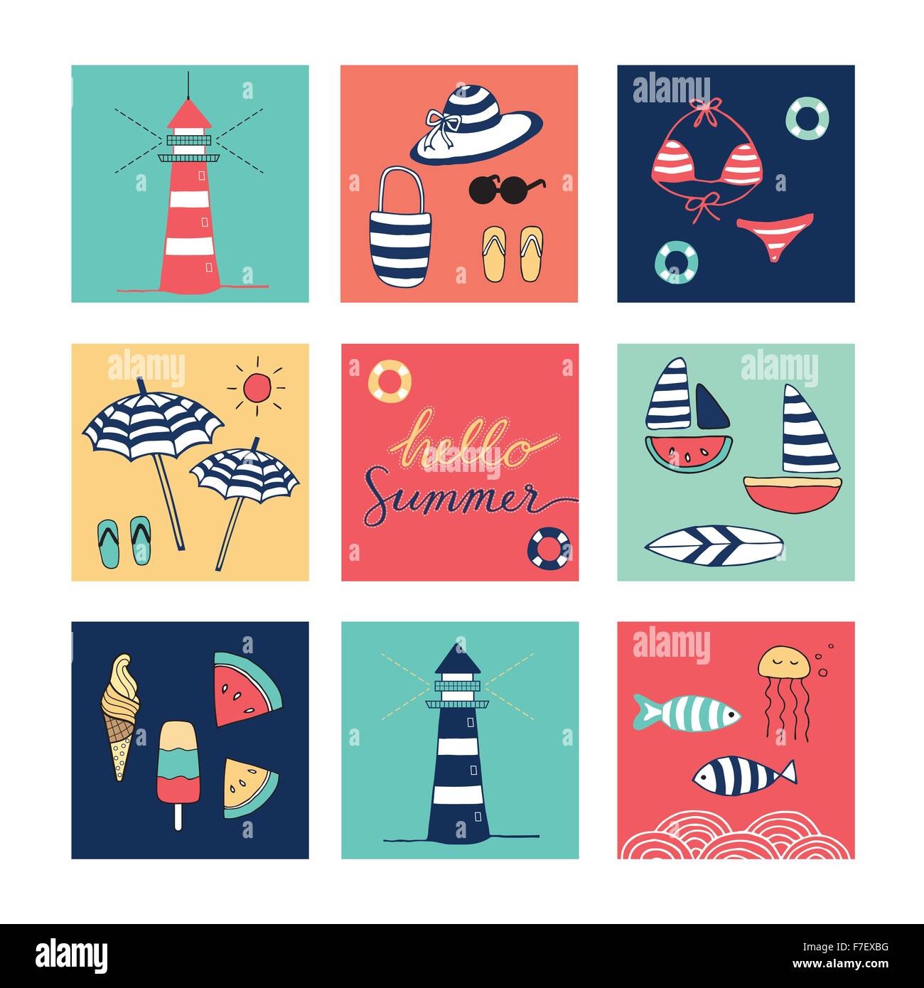 Hallo Sommer Doodle bunte quadratische icons Stock Vektor