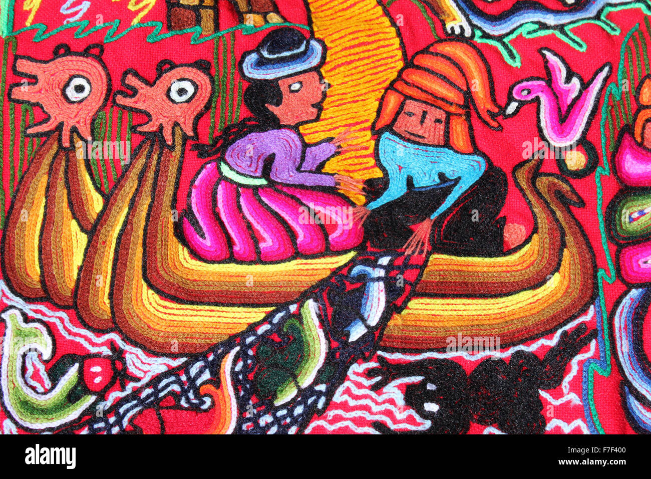 Stickerei Detail der Uros-Indianer aus traditionellen Titicaca-See Boot Angeln Stockfoto