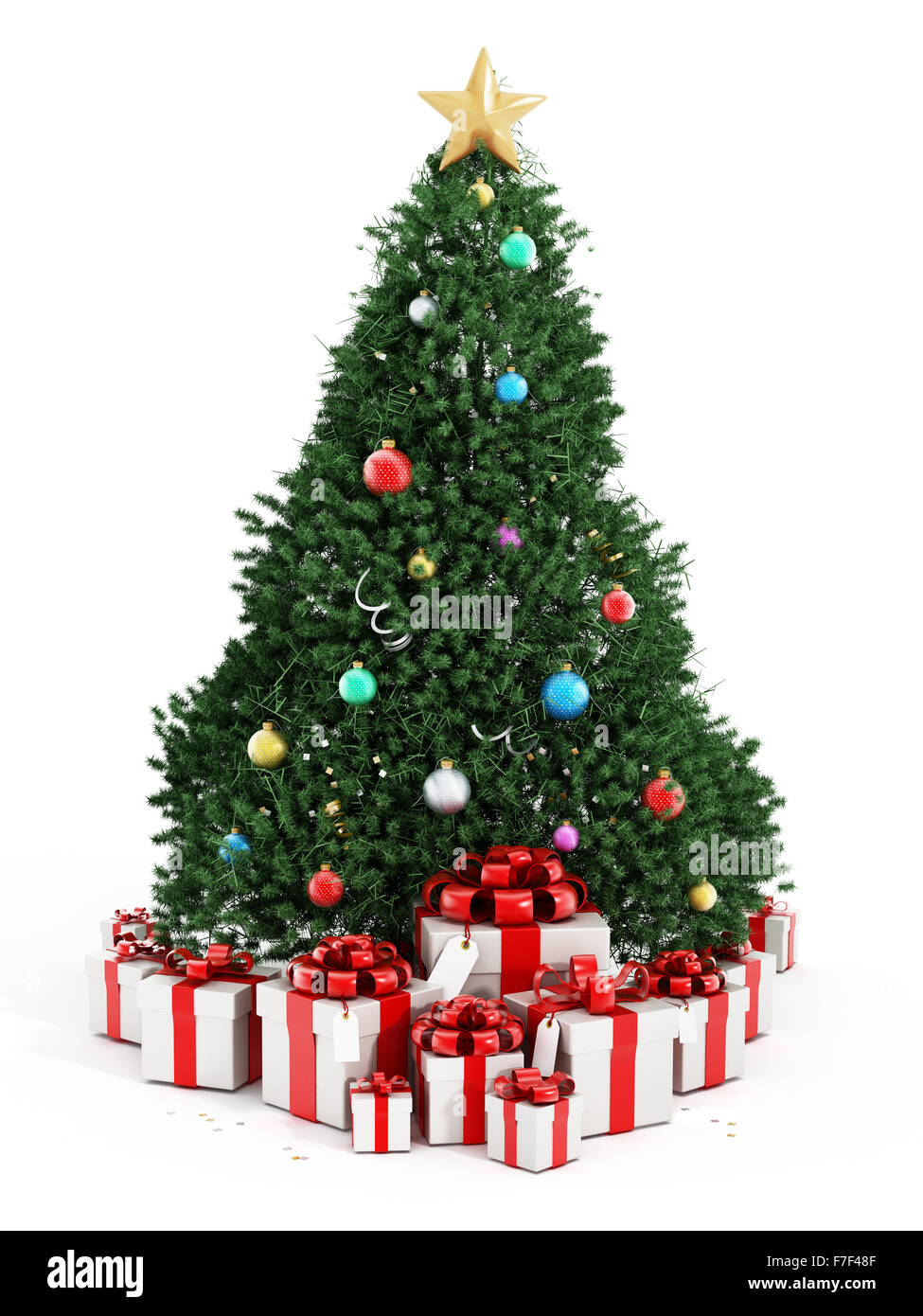 Weihnachtsbaum und Giftboxes isoliert auf weißem Hintergrund. Stockfoto