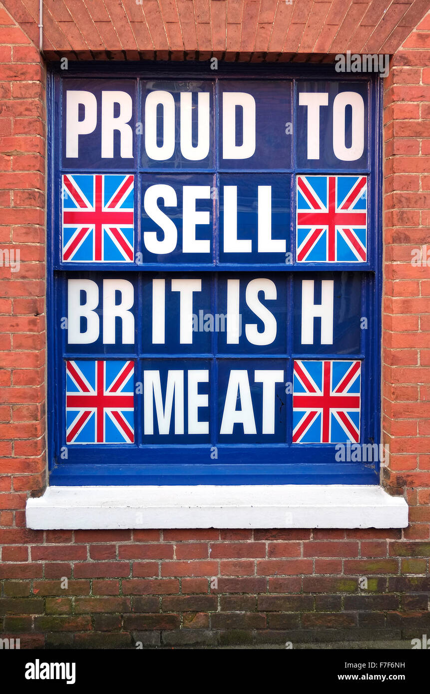 stolz, britisches Fleisch Schild außen Metzger Shop zu verkaufen Stockfoto