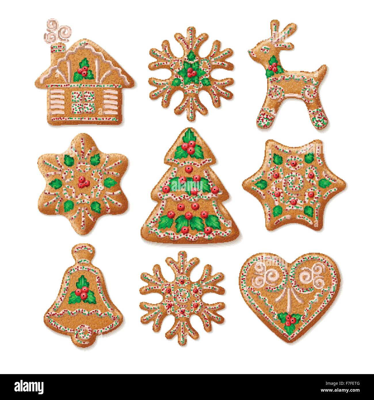 Reich verzierte realistisch eingestellten traditionellen Weihnachten Lebkuchen. Vektor-illustration Stock Vektor