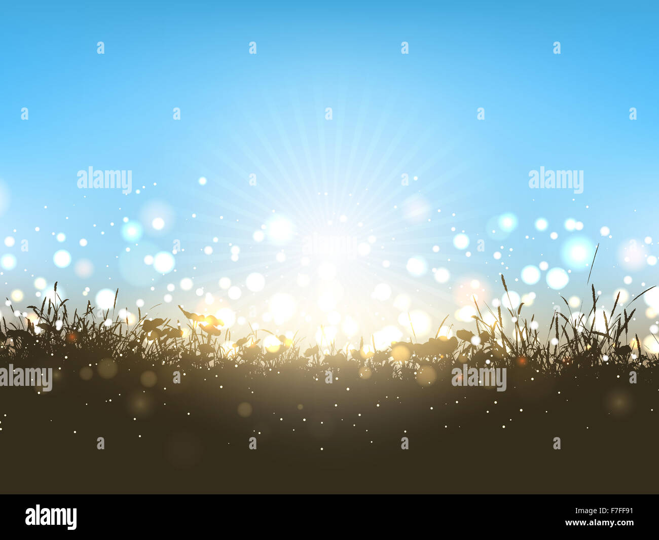 Rasen und Blumen Silhouette auf einem sonnigen blauen Himmelshintergrund Stockfoto