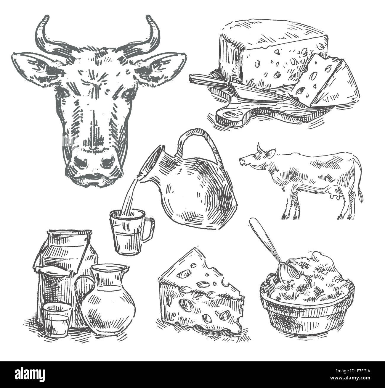 die Hand gezogene Kuh, Milch, Käse. Skizze Stockfoto