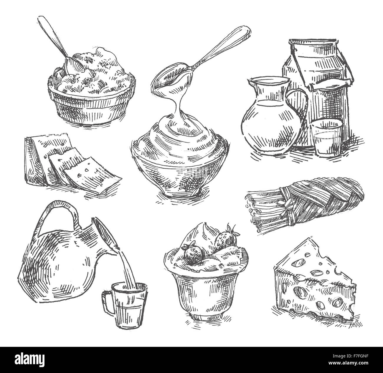die Hand gezeichnete Milchprodukte, Milch, Käse. Skizze Stockfoto