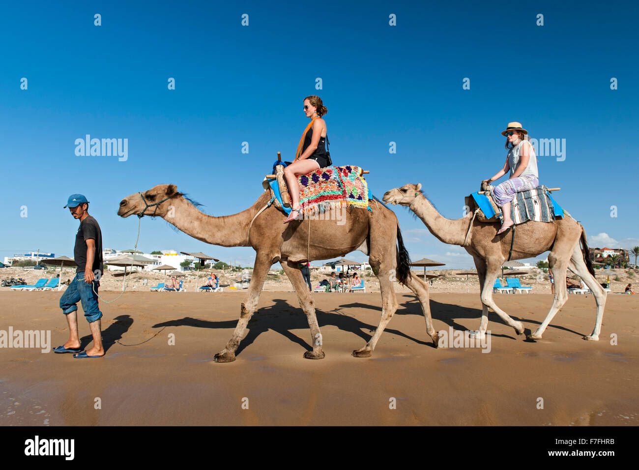 Touristen, Kamelreiten entlang der Wasserkante von Sidi Kaouki Beach in Marokko. Stockfoto