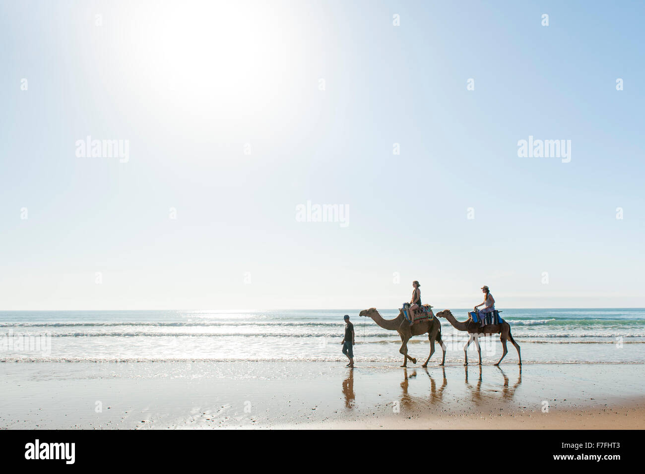 Touristen, Kamelreiten entlang der Wasserkante von Sidi Kaouki Beach in Marokko. Stockfoto