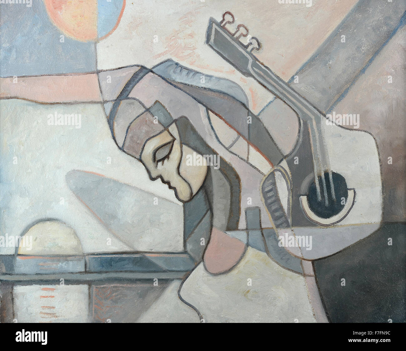 Abstrakte Malerei mit Frau und Gitarre und geometrischen Formen Stockfoto