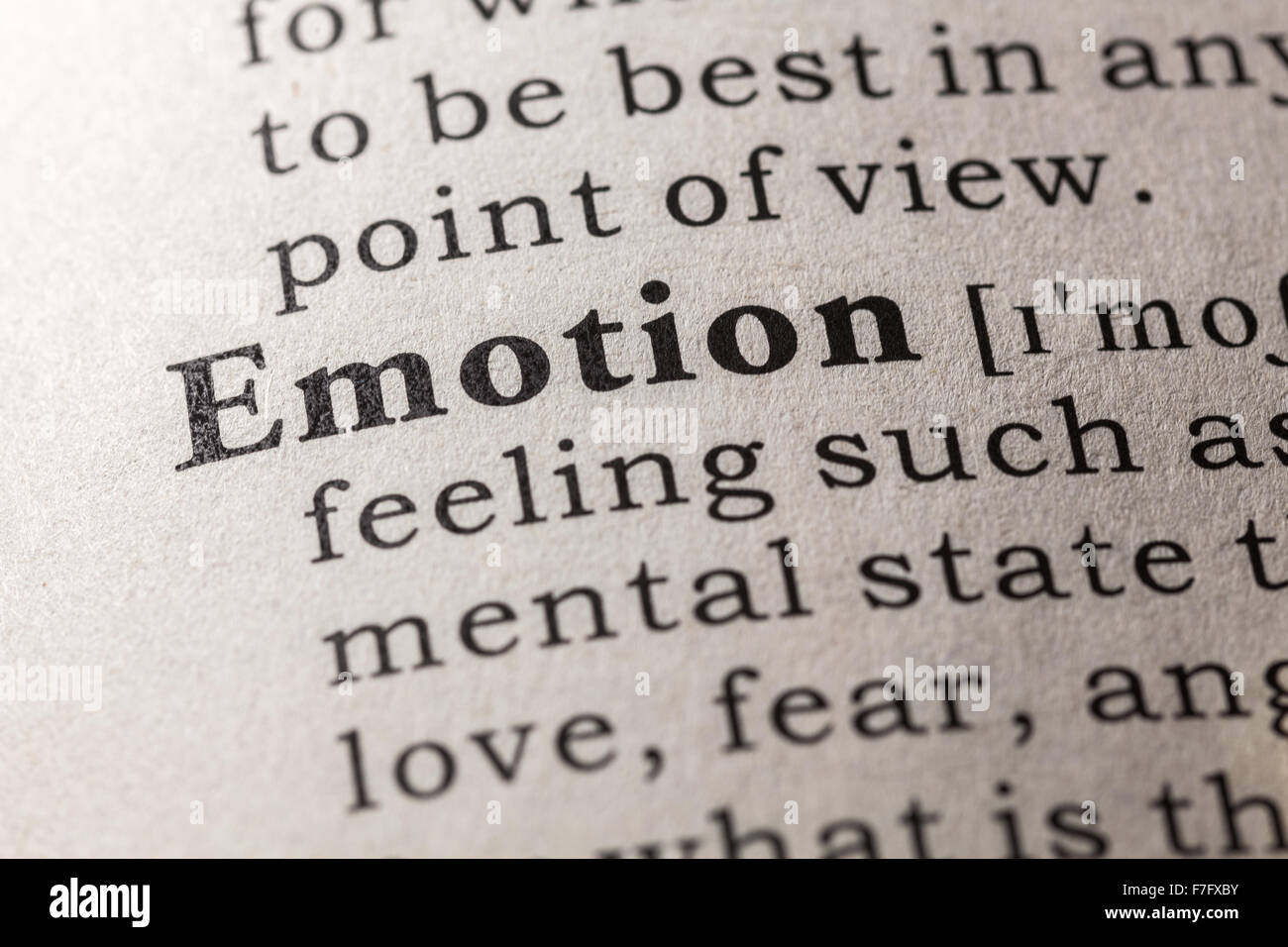 Gefälschte Wörterbuch, Wörterbuch-Definition des Wortes emotion Stockfoto