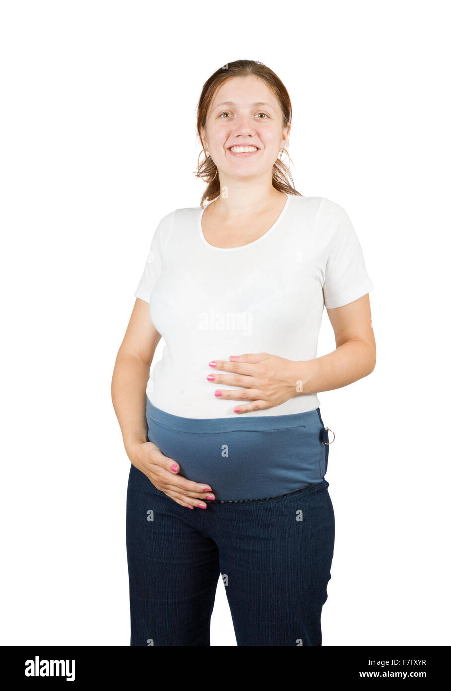 Porträt von 8 Monate schwangere Frau in weiß Stockfoto