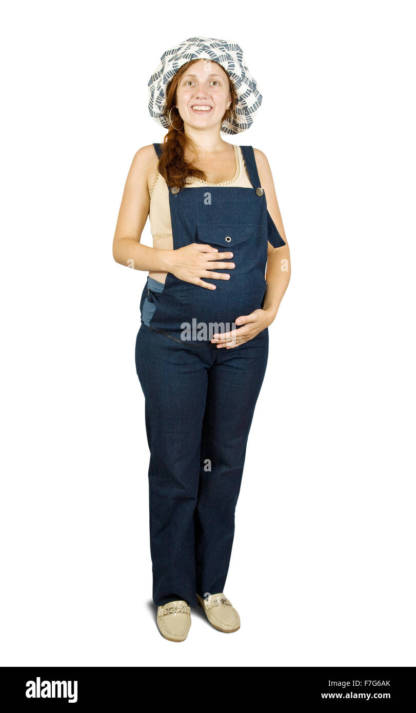 Porträt von 8 Monate schwangere Frau in weiß Stockfoto