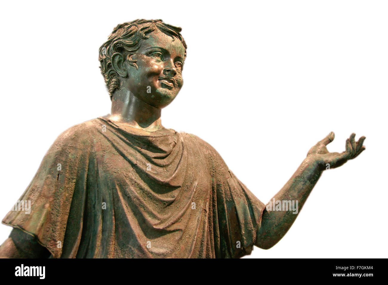 Kleine Bronze-Statue Bull, alte römische Kunst, isoliert auf weißem Hintergrund Stockfoto