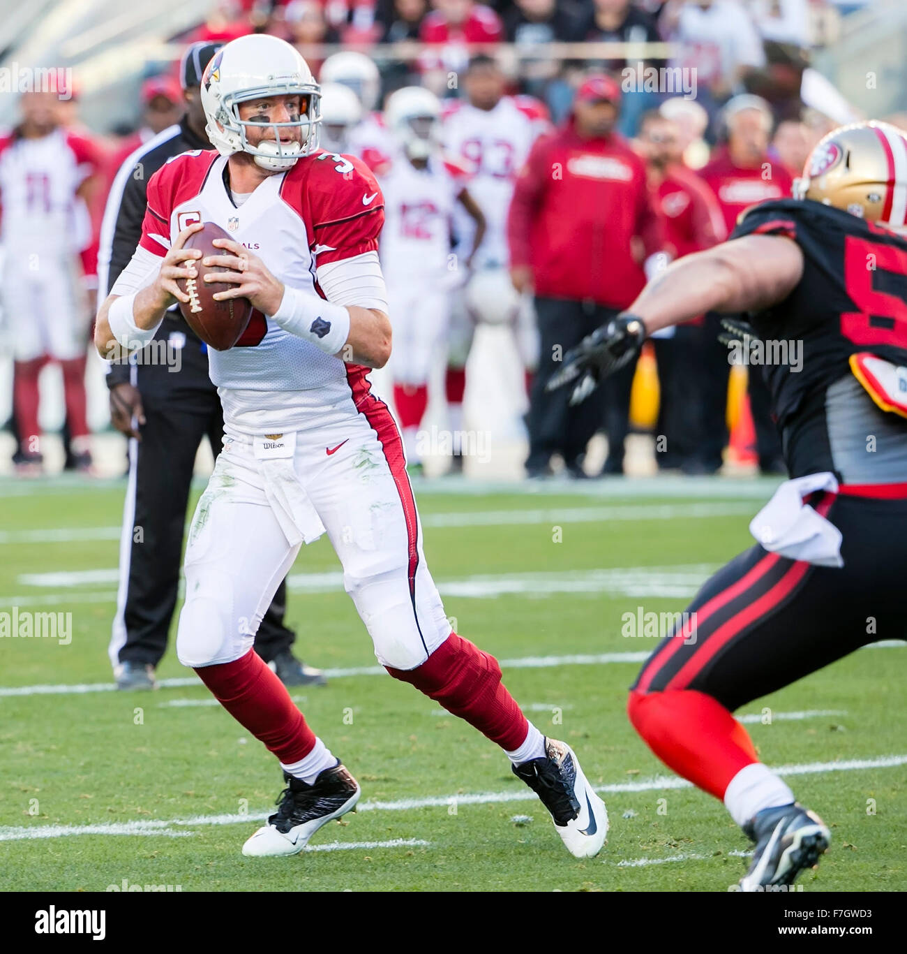 Santa Clara, CA. 29. November 2015. Arizona Cardinals quarterback Carson Palmer (3) in Aktion während der NFL Football-Spiel zwischen den Arizona Cardinals und die San Francisco 49ers im Levi's-Stadion in Santa Clara, Kalifornien. Die Cardinals geschlagen die 49ers 19-13. Damon Tarver/Cal Sport Media/Alamy Live-Nachrichten Stockfoto