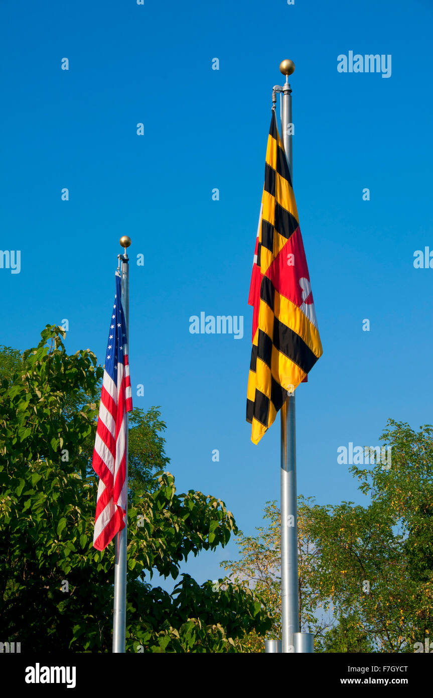Maryland und amerikanische Flaggen, Patapsco Valley State Park, Maryland Stockfoto