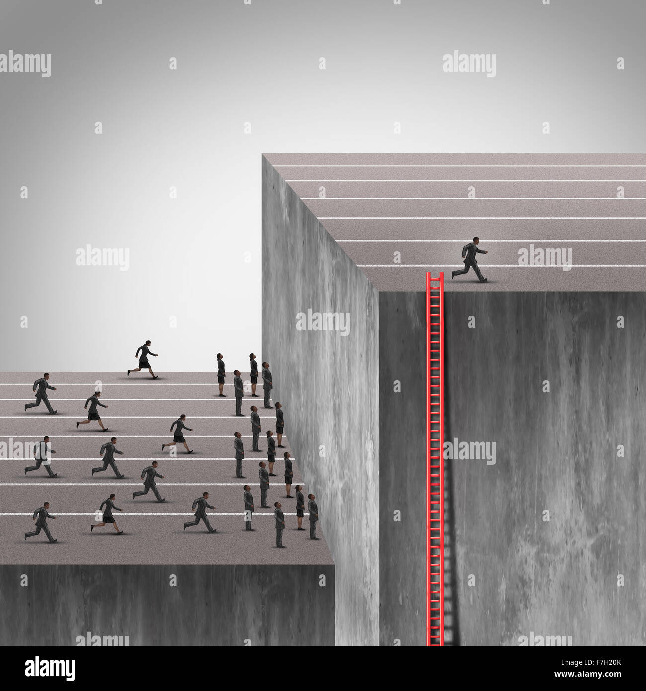 Gewinn-Strategie zu planen als intelligenter schlauer Geschäftsmann mit einer versteckten Leiter über Hindernis Industrie steigen und steigen über den Wettbewerb, der von einer hohen Mauer Barriere mit neuem Denken unter dem Radar blockiert sind. Stockfoto