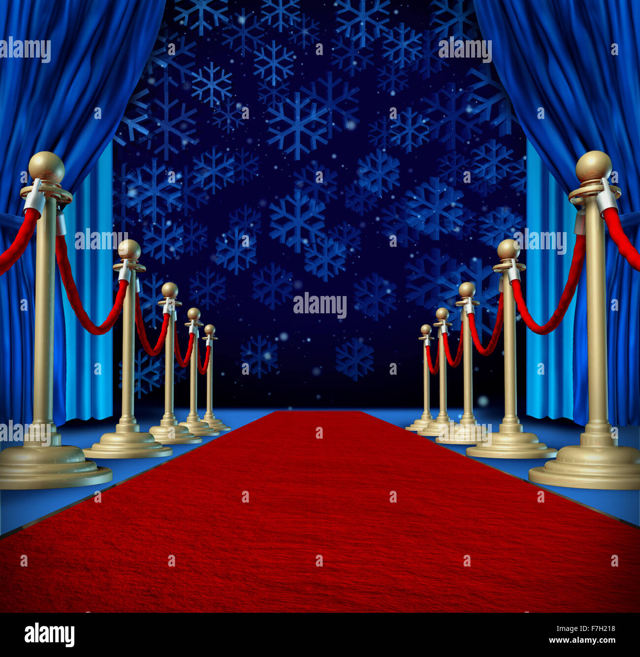 Winter-roter Teppich-Hintergrund als Laufsteg oder Start-und Landebahn in einem Auditorium Stadium mit Schneeflocken fallen als saisonale Urlaub Feier für Newyear Marketing oder Promotion mit Exemplar. Stockfoto