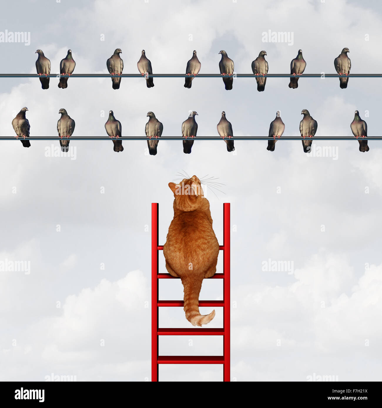 Erreichen Ihr Ziel-Konzept und Einstellung Ziele Geschäft Metapher, wie eine Katze, die einen Aufstieg um eine Gruppe der Vögel auf dem Hochseil als Motivation Symbol für Strategie und Planung zu erreichen. Stockfoto
