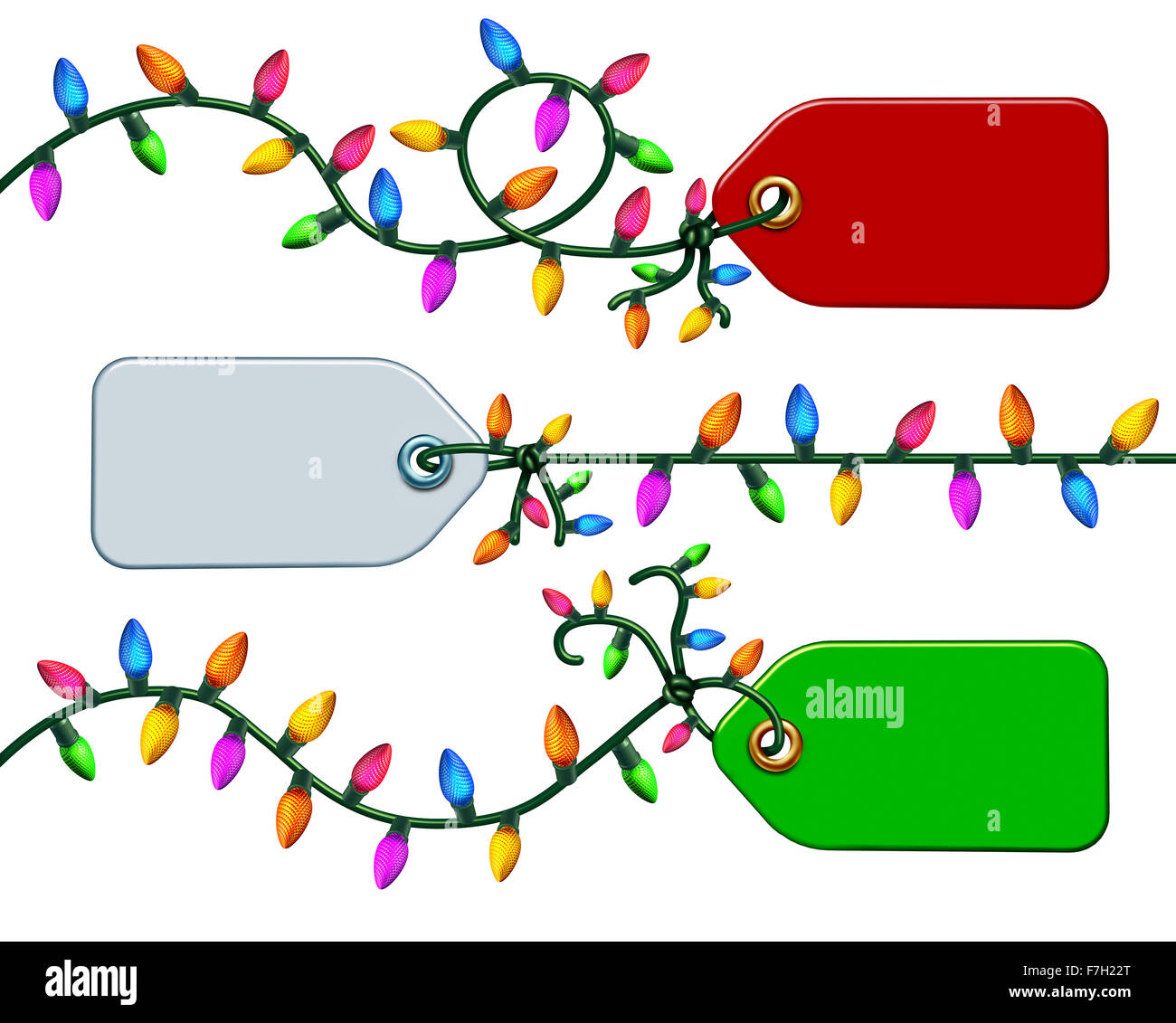 Urlaub Preisschild Symbol Gruppe Grafikelement isoliert auf einem weißen Hintergrund auf Seil mit elektrischer Weihnachtsbeleuchtung als festliche Rabatt Label Symbol gebunden. Stockfoto