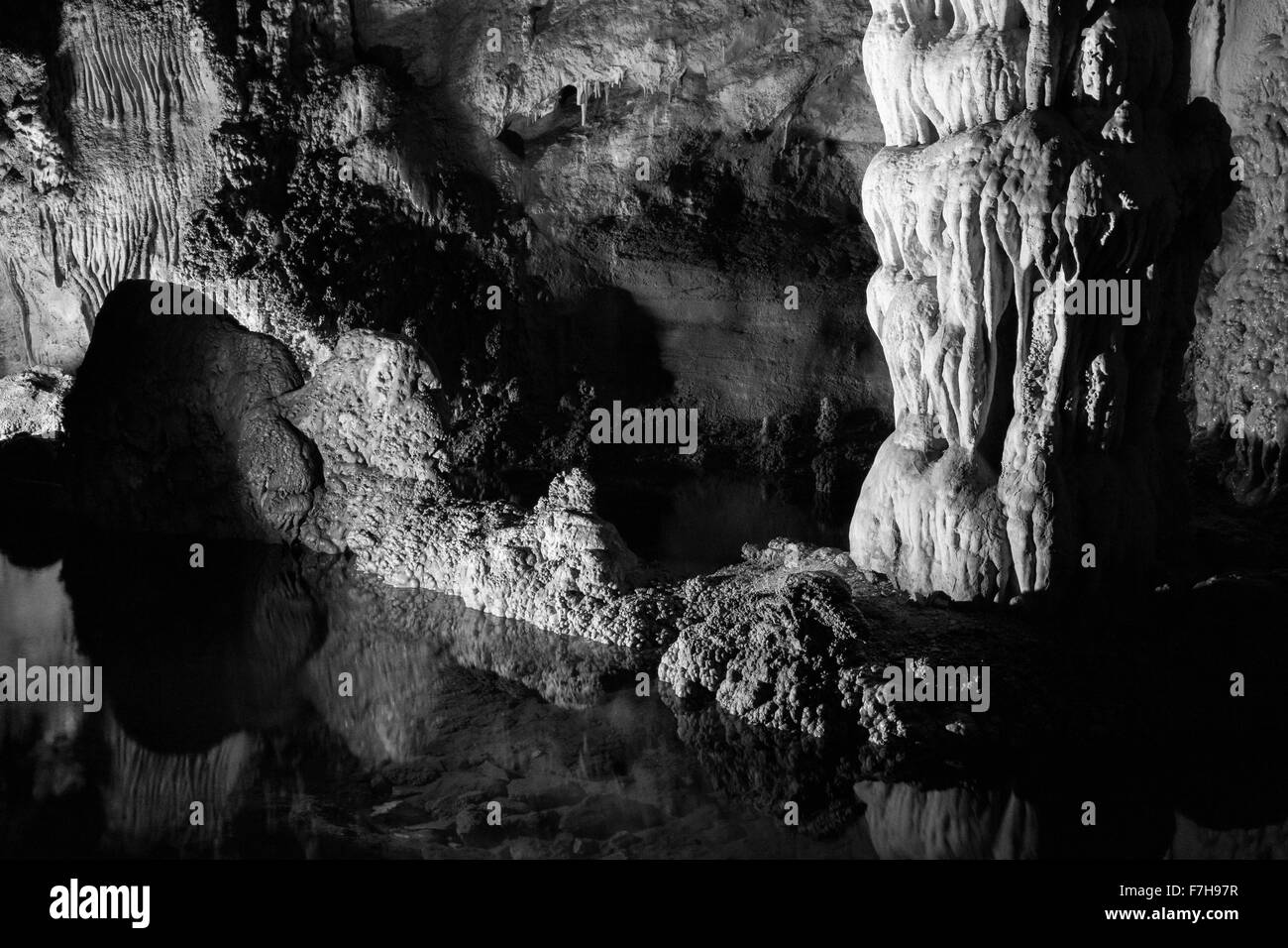 Stalagmit erstreckt sich vom Pool, Carlsbad Caverns National Park, New-Mexico Stockfoto