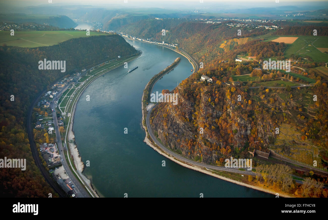 Die Loreley, Loreley-Felsen, Schiefergestein in die UNESCO-World Heritage Oberes Mittelrheintal bei Sankt Goarshausen, Sankt Goar, Stockfoto