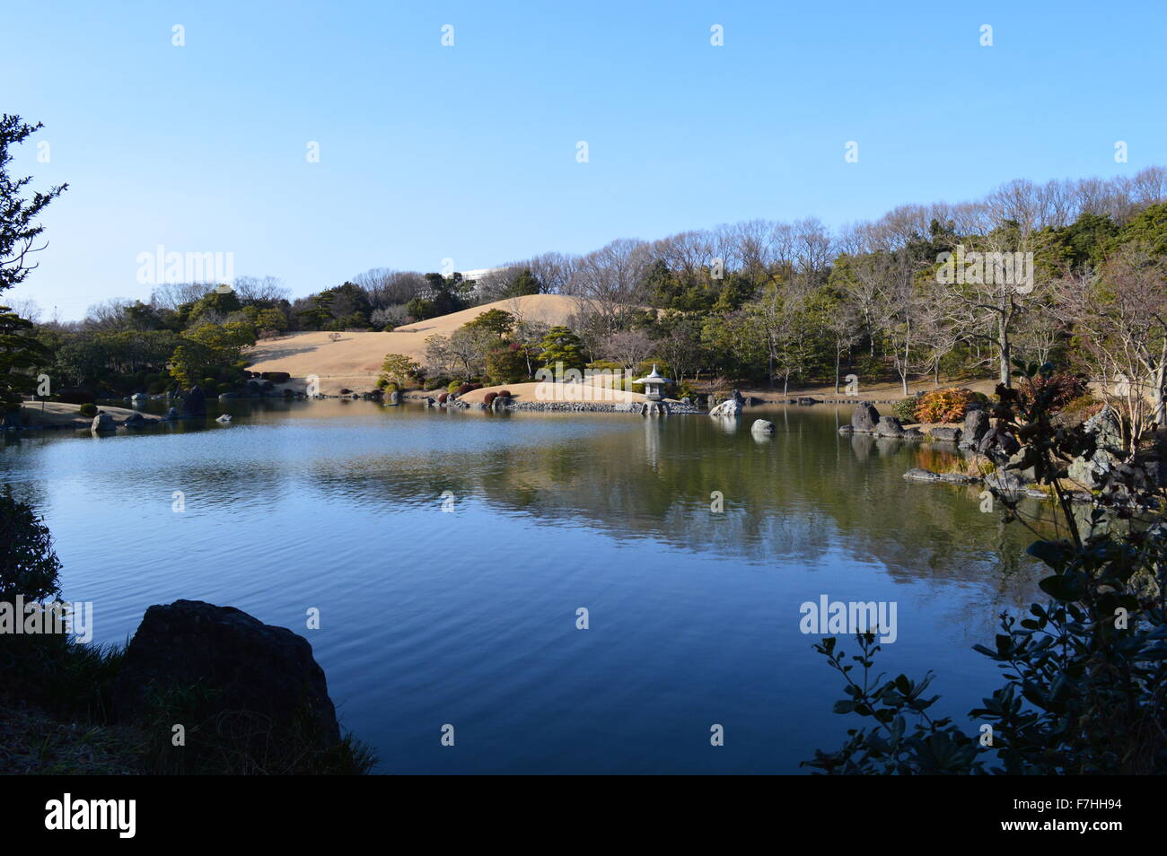 Wunderschöne Landschaft mit kleinen steinigen Teich und viel Grün mit blauen Himmel bedeckt Stockfoto