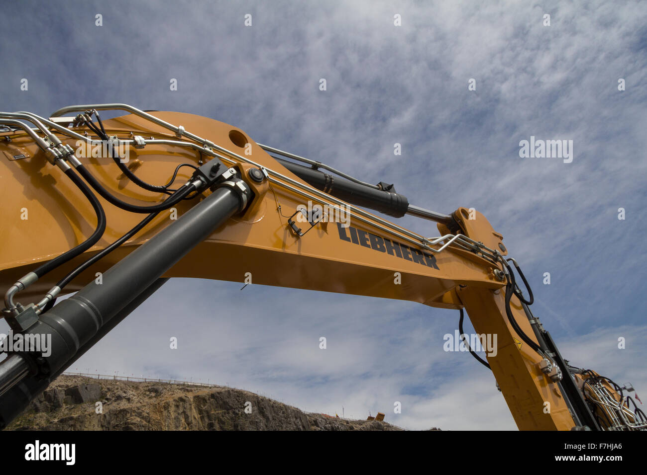 Der Boom und hydraulischer Widder Anordnung auf ein Liebherr-Bagger auf Hillhead Steinbruch Messe 2014 Stockfoto