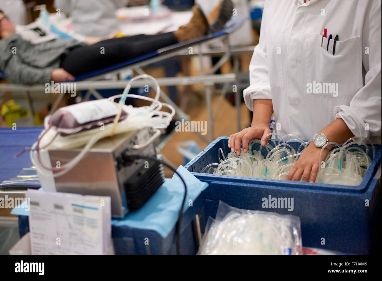 Mitarbeiter Sortierung Taschen von Blut, beschnitten Stockfoto