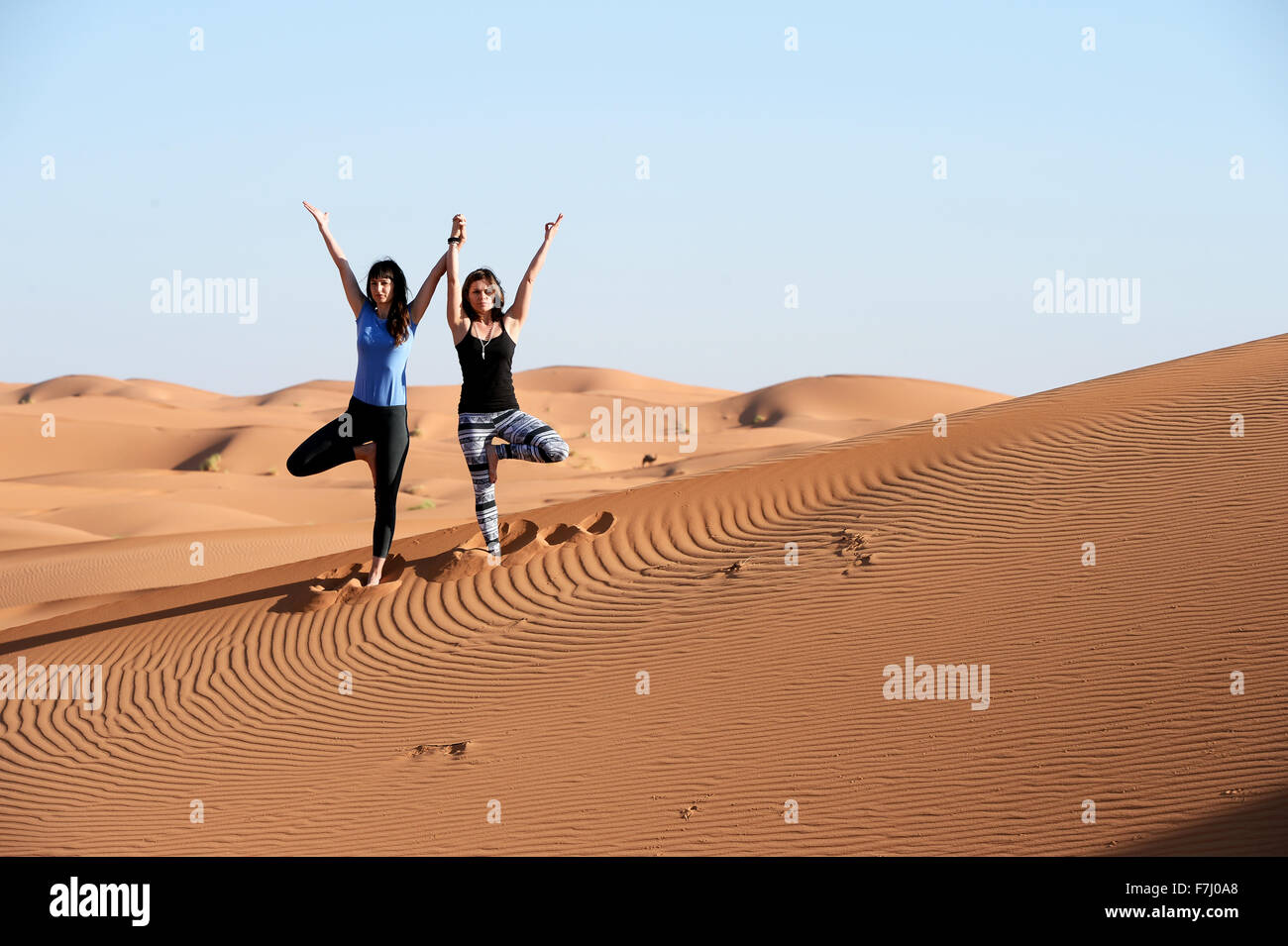 Teilnehmer einer Nosada Yoga-Tour, die Yoga Übungen in den Erg Chebbi Wüste in der Nähe von Merzouga, Marokko, 10. November 2015. Der Reiseveranstalter Nosade ist spezialisiert auf individuelle Wüstentouren in Marokko. Foto: Jens Kalaene (Vorsicht: nur veröffentlichen, wenn unter Berufung auf die Quelle Nosade Yogareise Marokko beleuchtet. NOSADE Yogatour Marokko) - kein Draht-SERVICE - Stockfoto