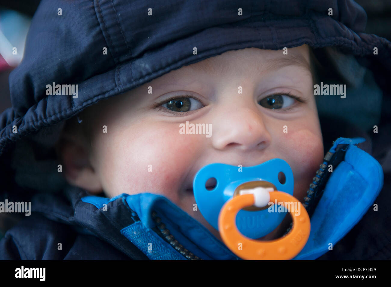 Kleinkind-junge mit Schnuller im Mund, Porträt Stockfoto