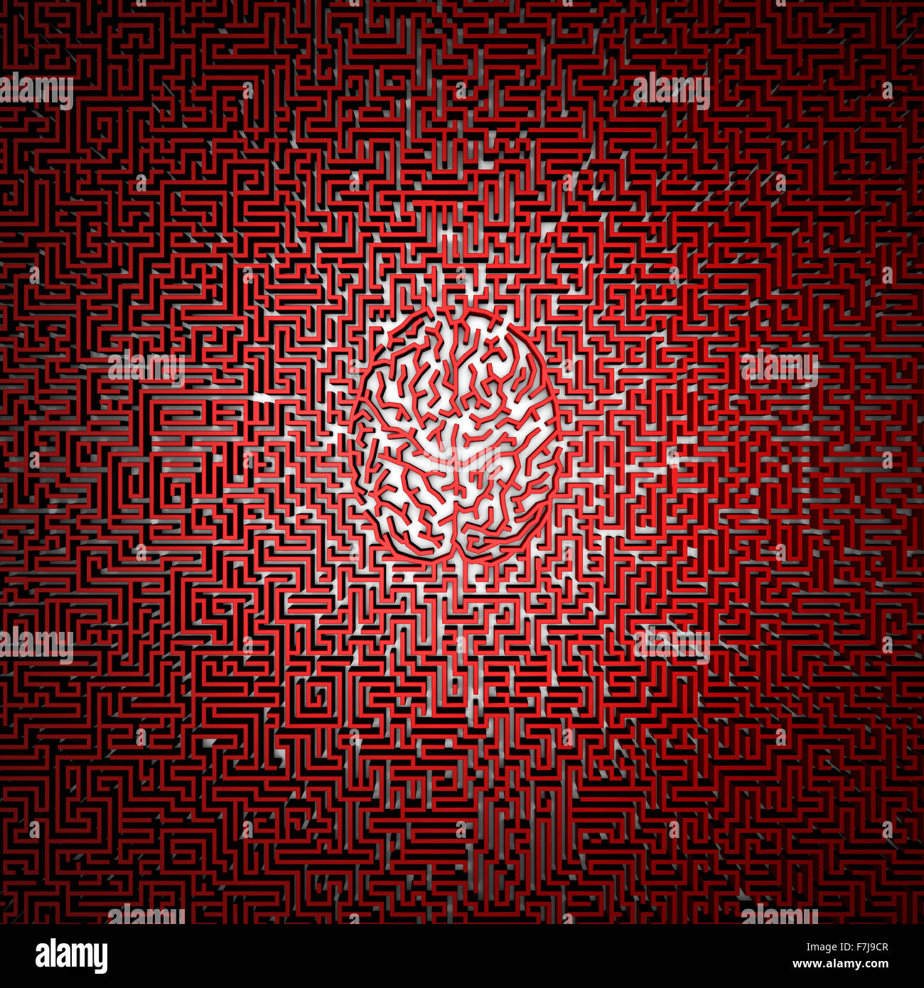 Ultimative Gehirn Labyrinth / 3D-Render des Riesen-Labyrinth mit Gehirn im Zentrum leicht zu kolorieren Stockfoto