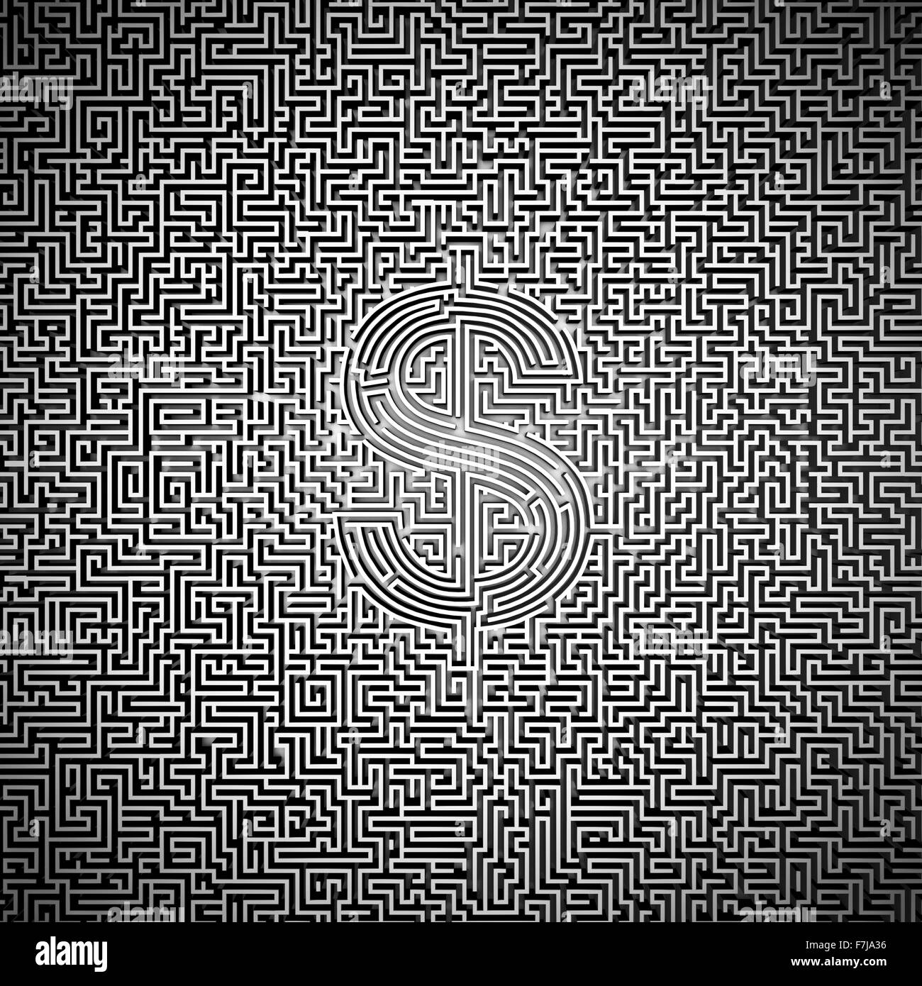 Ultimative Dollar Labyrinth / 3D-Render des Riesen-Labyrinth mit Dollar-Symbol im Zentrum Stockfoto